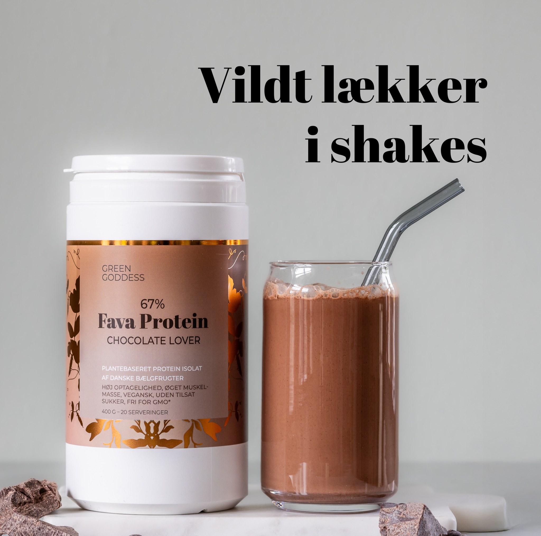 Chocolate Lover proteinpulver af favabønner fra Green Goddess smager skønt i shakes
