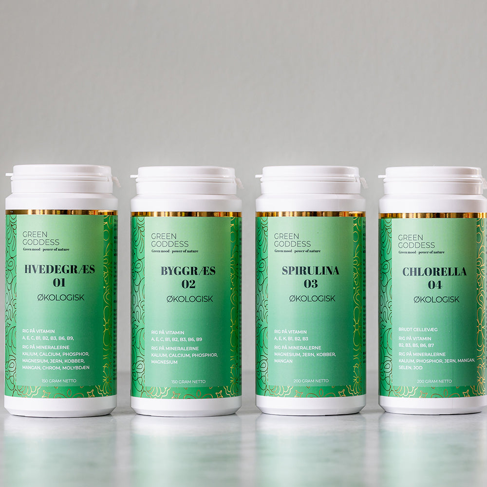 Hvedegræs, Byggræs, spirulina og chlorella fra Green Goddess