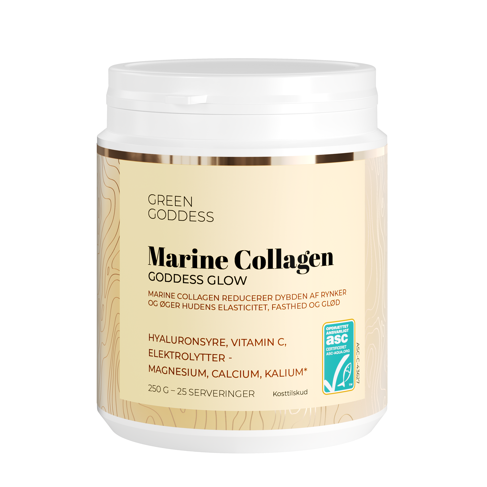 Marine collagen pulver Goddess Glow 250 gram indeholder hyaluronsyre, C vitamin og elektrolytter som magnesium, calcium og kalium og bidrager til immunsystemets normale funktion og reducerer træthed