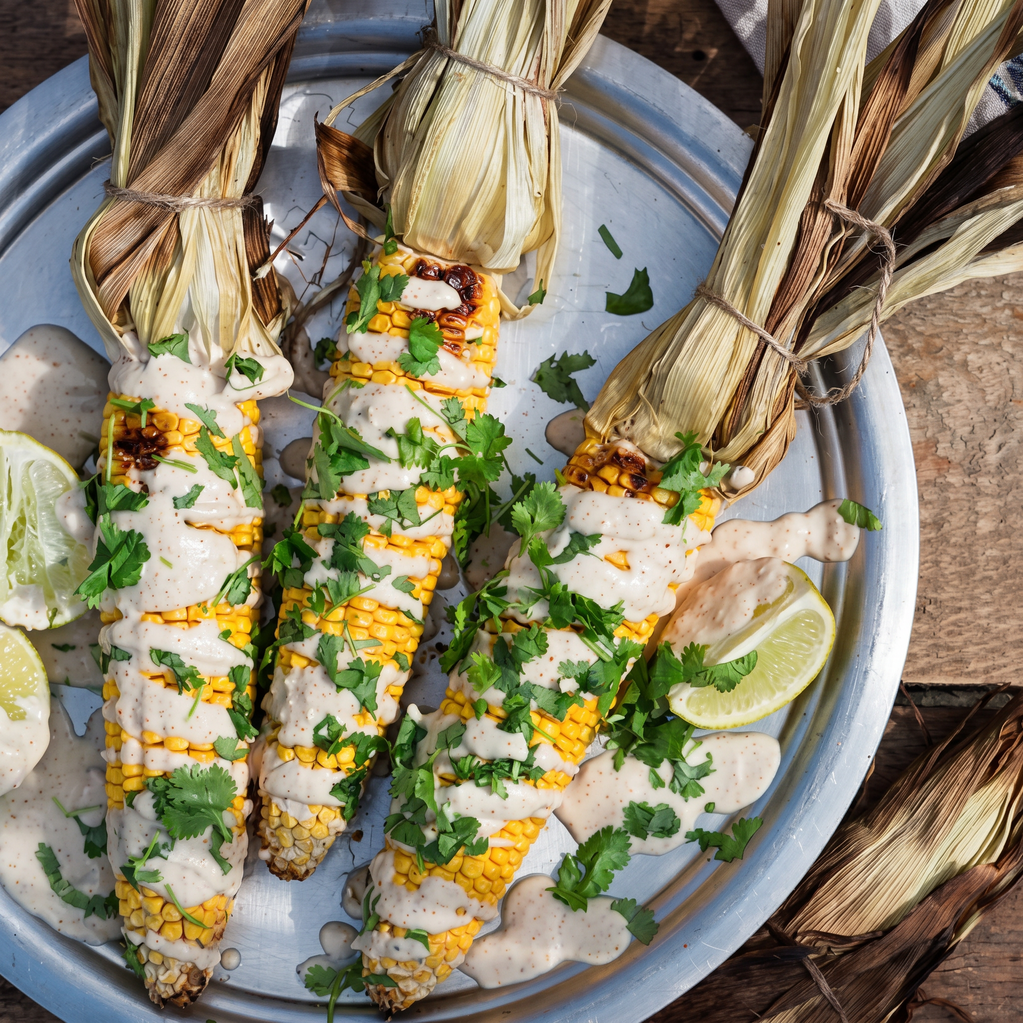 Grillede majskolber med lime, koriander og hvidøgsdressing