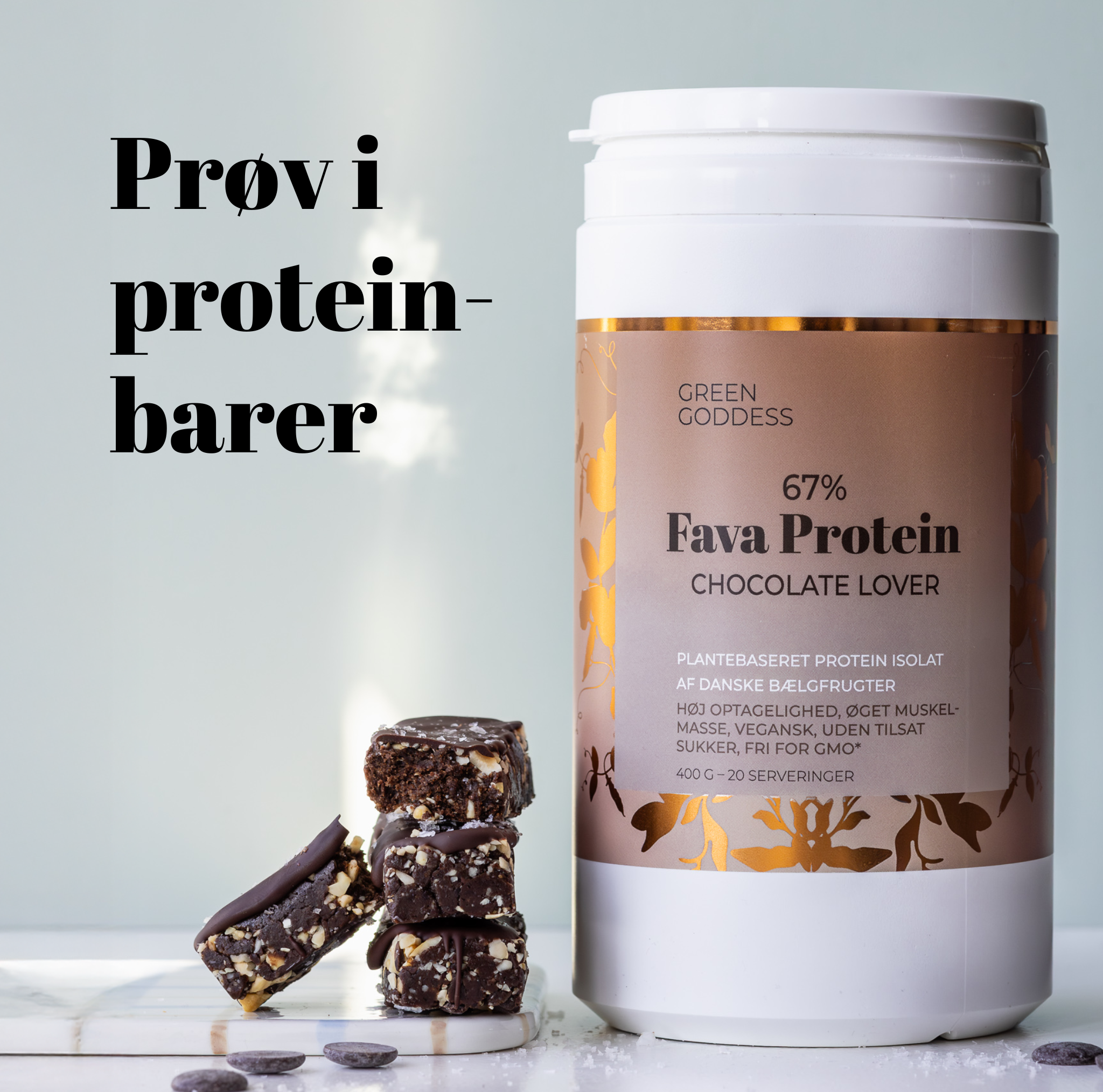 Chocolate Lover proteinpulver af favabønner fra Green Goddess er genial i hjemmelavede proteinbarer