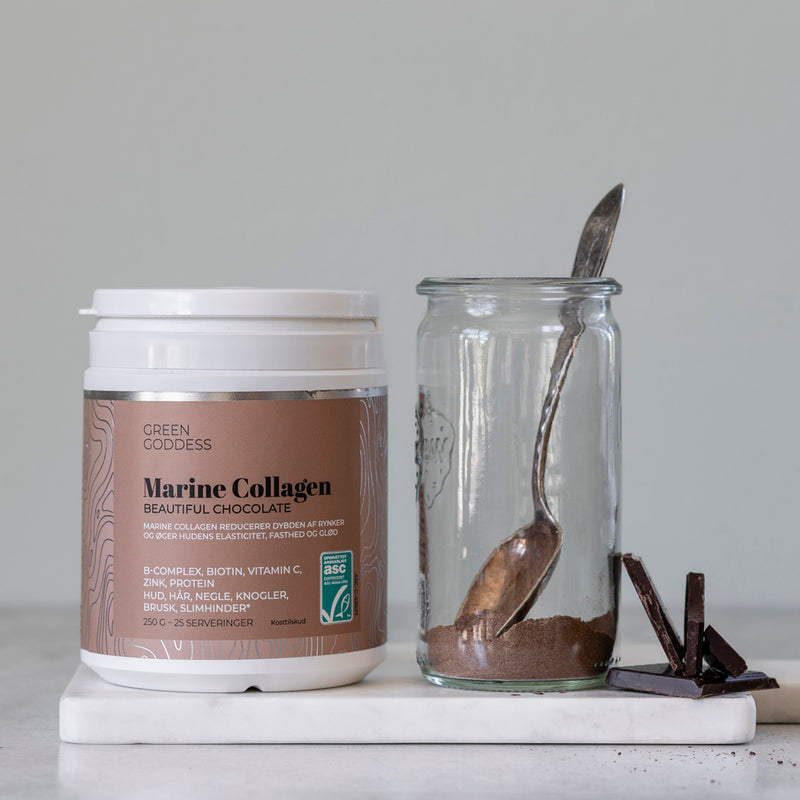 Beautiful Chocolate, 250 g. Marine Collagen inkl. B-complex, C-vitamin og zink (food state)Beautiful Chocolate, 250 g. Green Goddess Marine Collagen inkl. B-complex, C-vitamin og zink (food state)