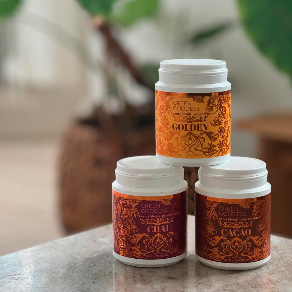 Sæt med alle tre latte blends fra Green Goddess