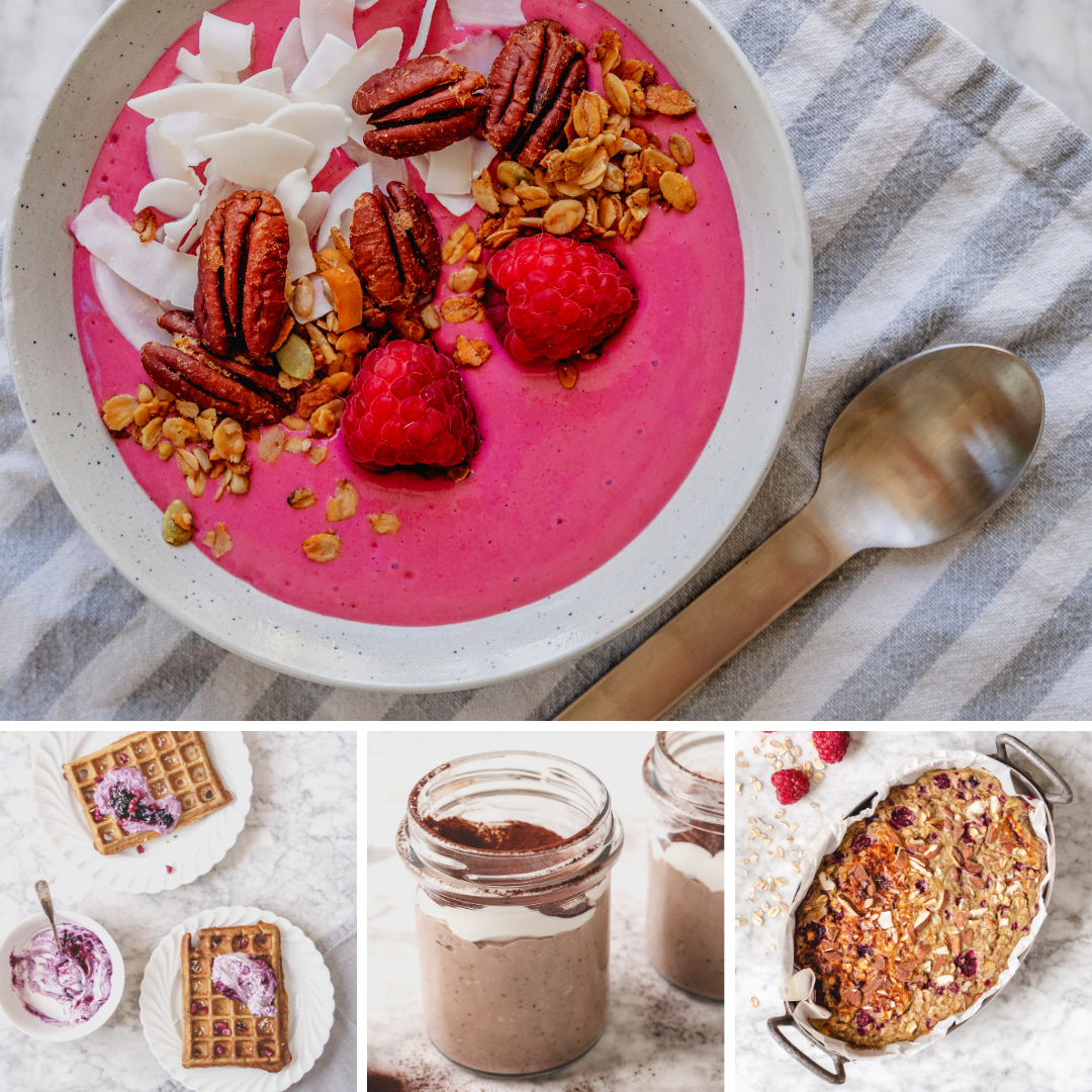 Proteinrig morgenmad: Smoothie bowl, proteinvafler, chiagrød og baked oats med protein