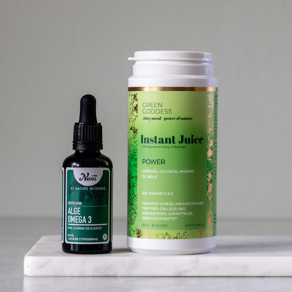Sampak med Green Goddess Power Instant Juice og Nani Alge Omega 3
