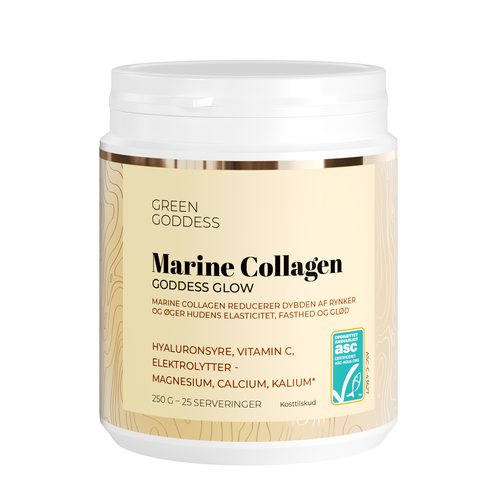 Marine collagen pulver Goddess Glow 250 gram indeholder hyaluronsyre, C vitamin og elektrolytter som magnesium, calcium og kalium og bidrager til immunsystemets normale funktion og reducerer træthed